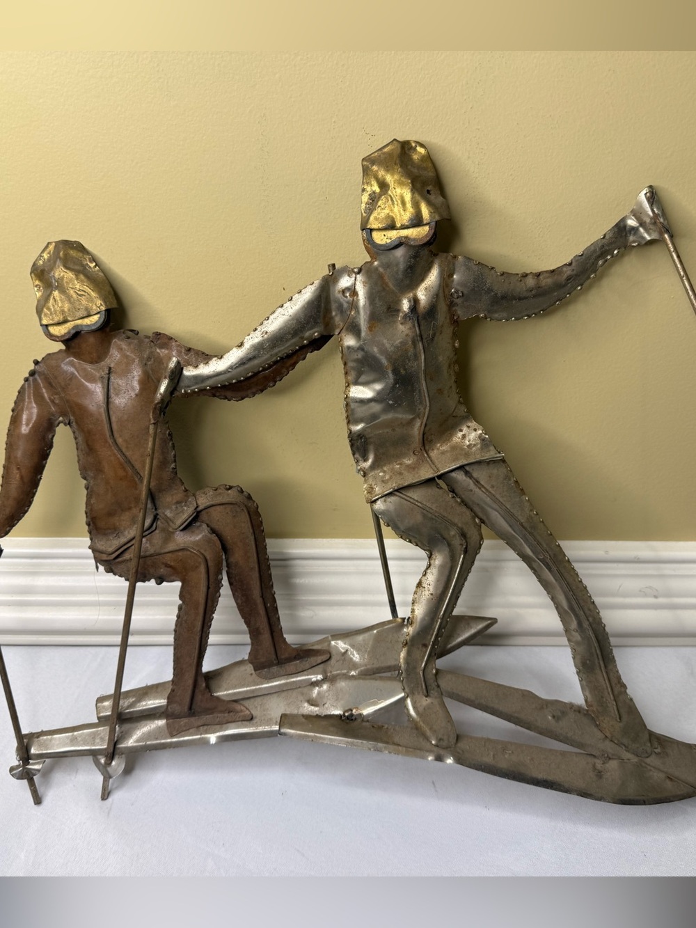 Vintage Mid-Century Brutalist Mixed Metal Skiers Sculpture